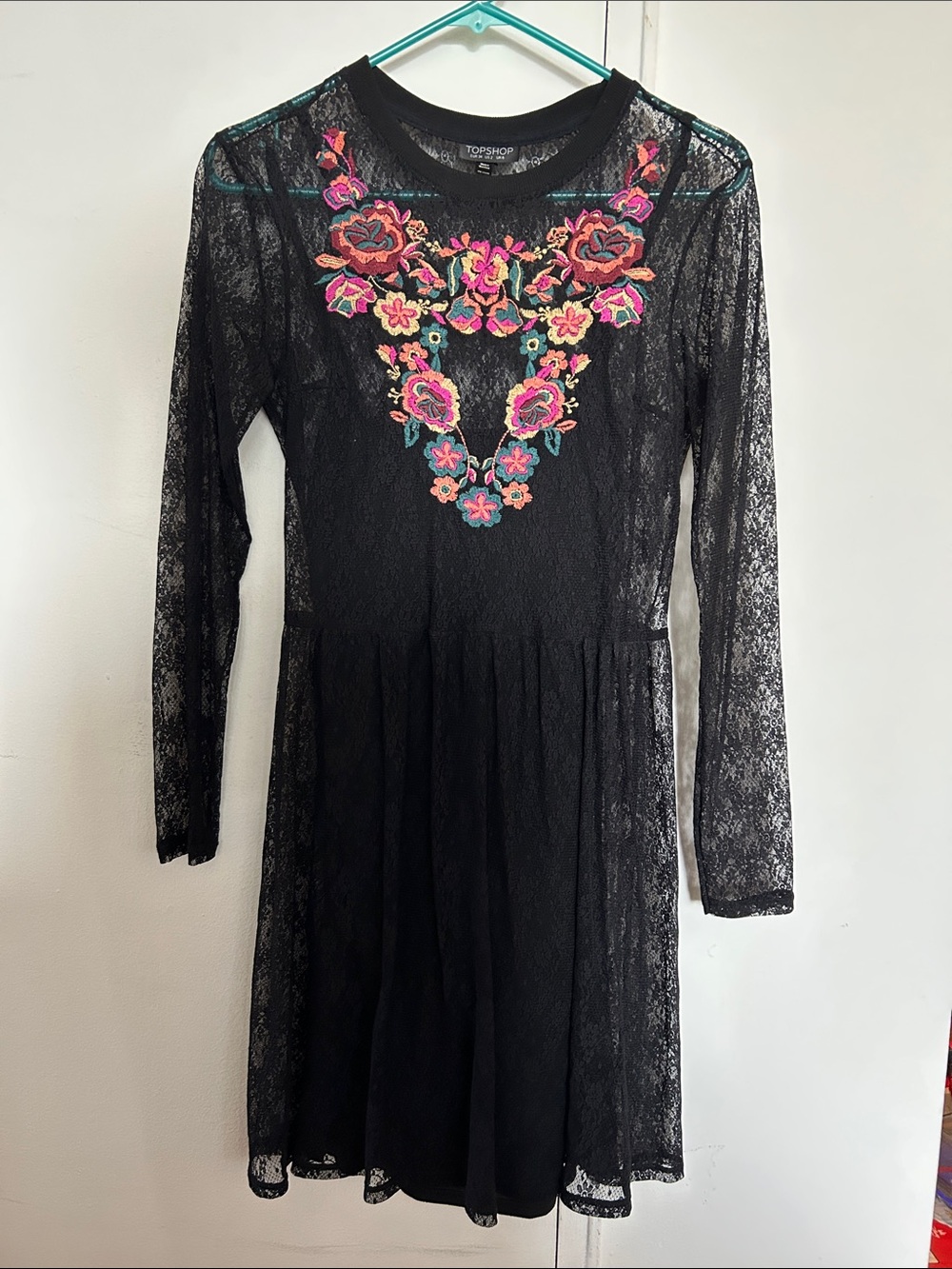 Topshop Black Lace Long-Sleeve Dress with Pink and Teal Floral Embroidery